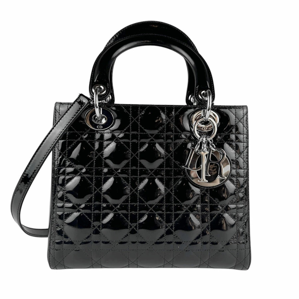 Christian Dior Lady 2way Shoulder Bag Patent Vernis leather black silver